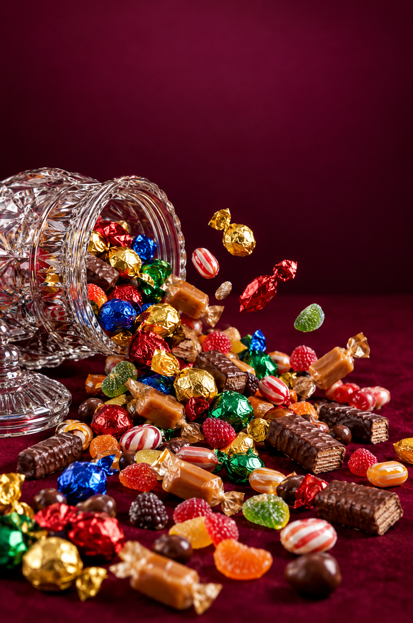 Crystal candy jar spilling European foil-wrapped chocolates, toffees and wafer bars