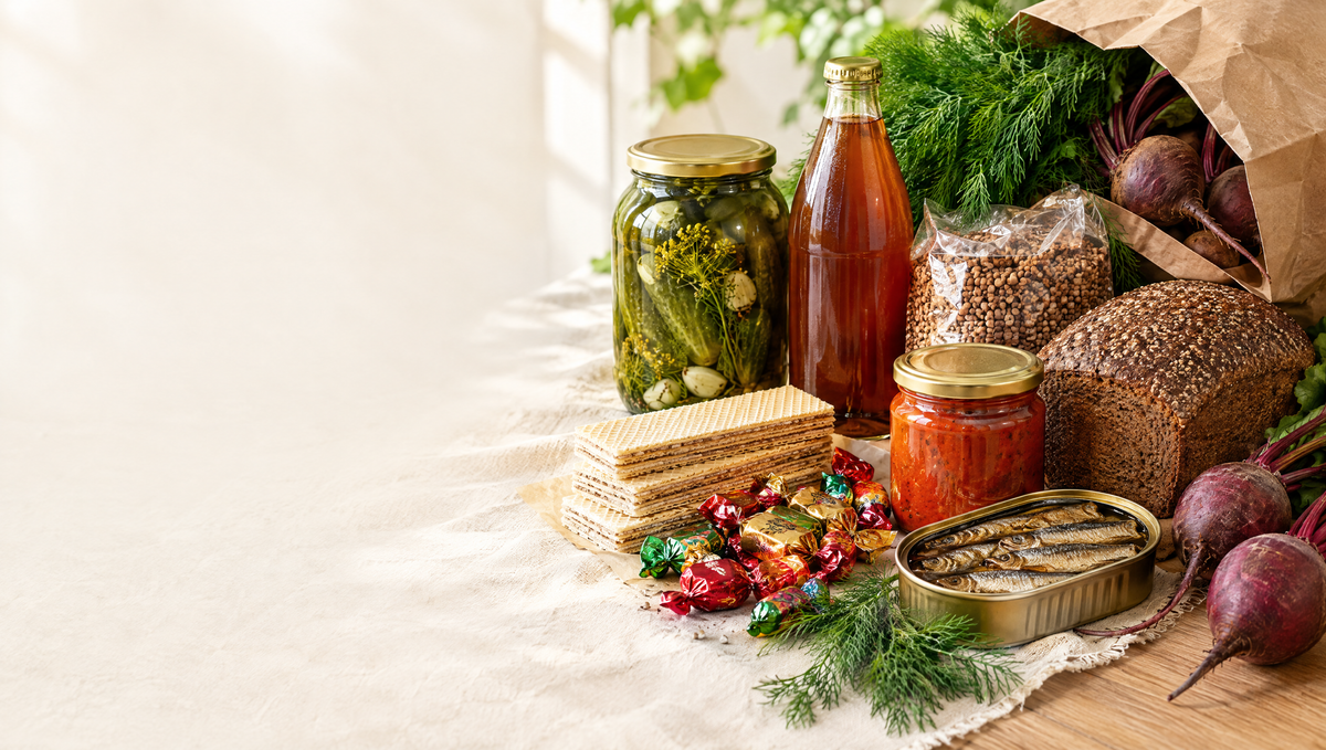 New arrivals at Elona Market: pickles, kvass, buckwheat, rye bread, ajvar, sprats and European candies on a linen table